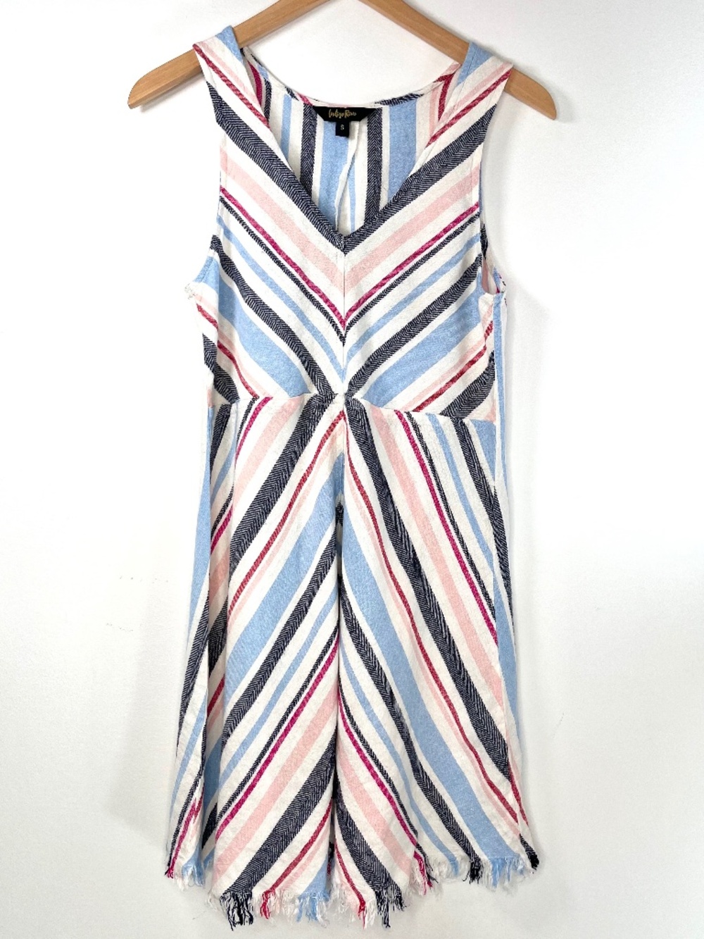 Indigo Rein Striped Chevron V-Neck Dress Fringe Hem